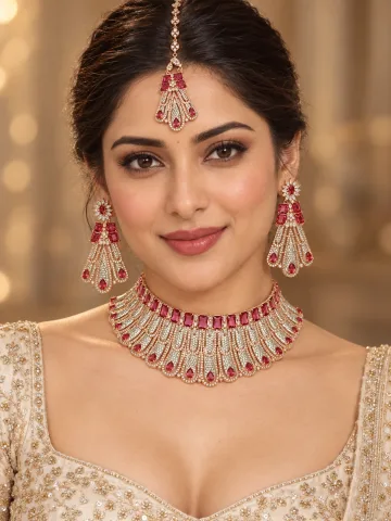 Rose Gold Tone Bridal Necklace Set with Earrings & Maang Tikka