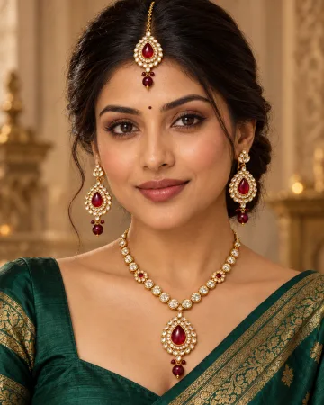 Gold-Tone Ruby Red Kundan Bridal Necklace Set with Maang Tikka for Women