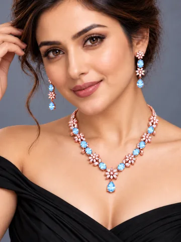 Derben Clove Rose Gold Blue Floral Necklace & Earrings Set