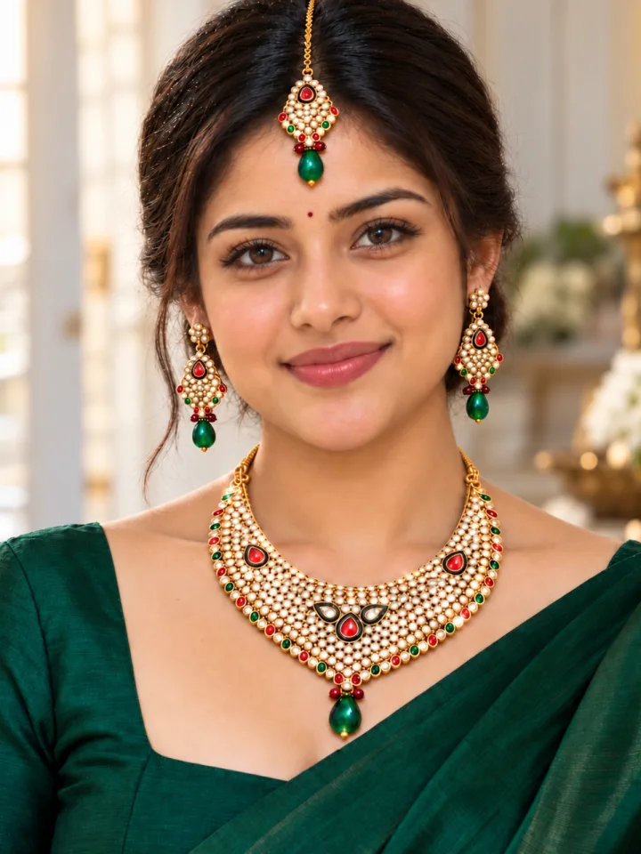 Red Green Stone Necklace Set with Earrings & Maang Tikka