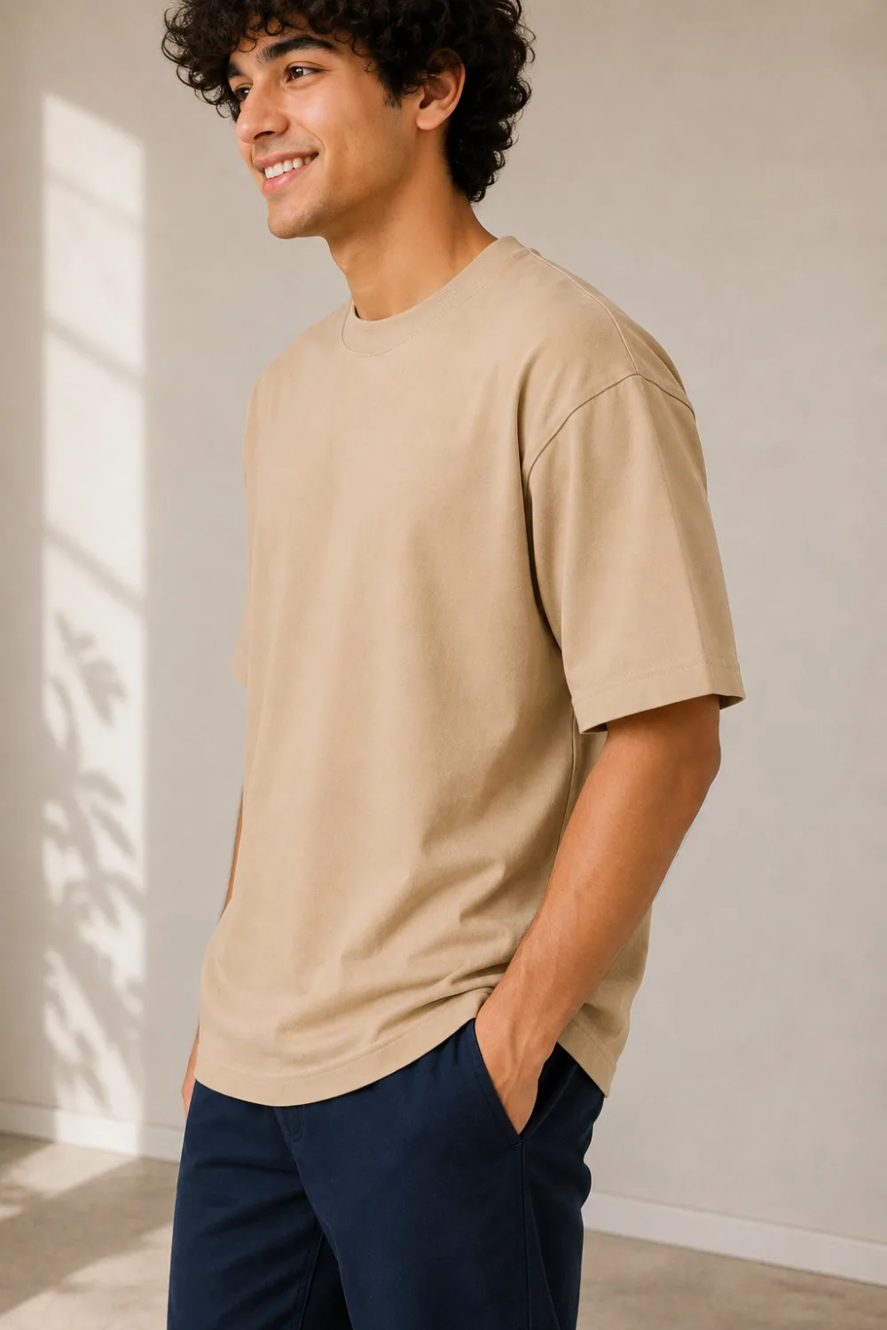 Plain Oversized T Shirt for Men Baggy Cotton Gym Tee Loose Fit - BEIGE