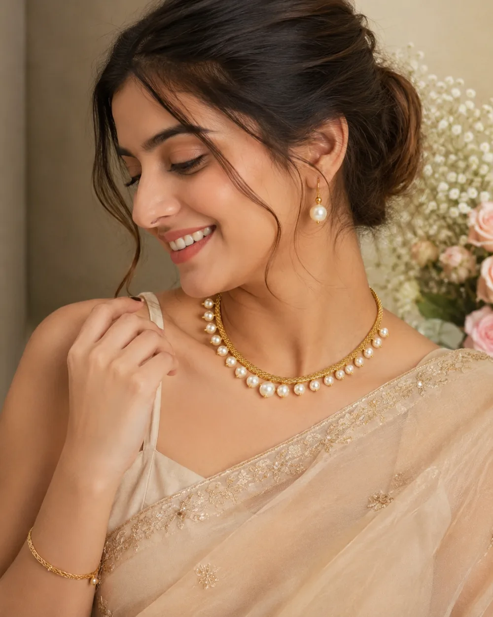 American Diamond Filled Chain and Pearls Necklace Set White
