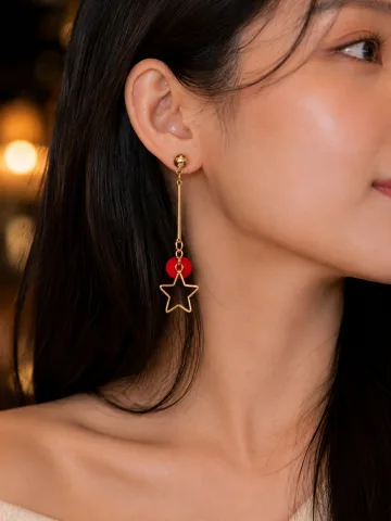 Exclusive Star Tassel and Red Ball Hanging Earring Golden Red For Girl