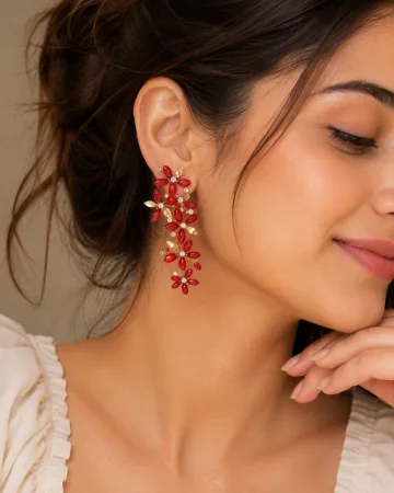 Beautiful Italian Long Red Golden Crystal Stone Zircons Flower Earring