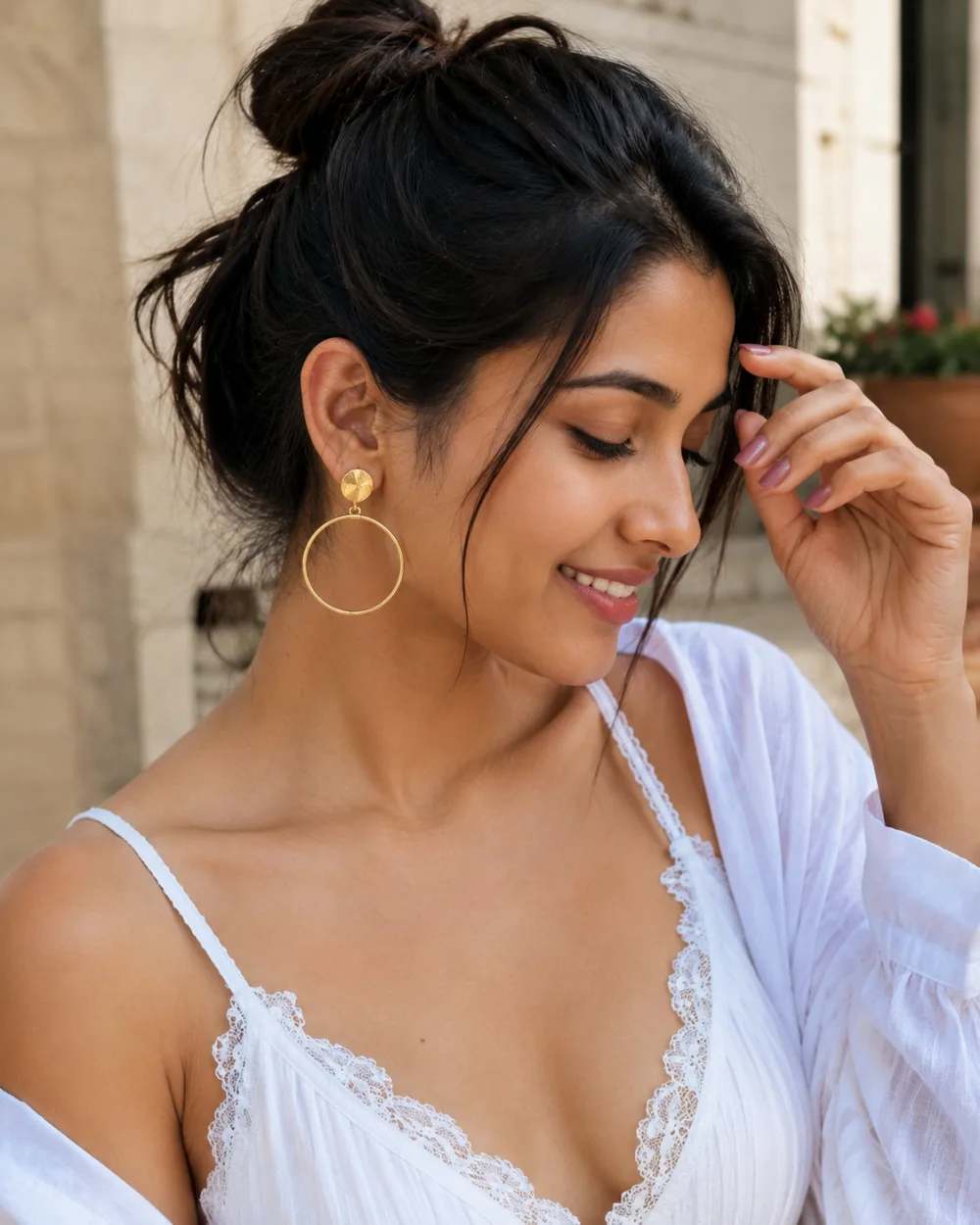 Brass Alloy Contemporary Gold Finish Hoop Earrings for Girls - Golden