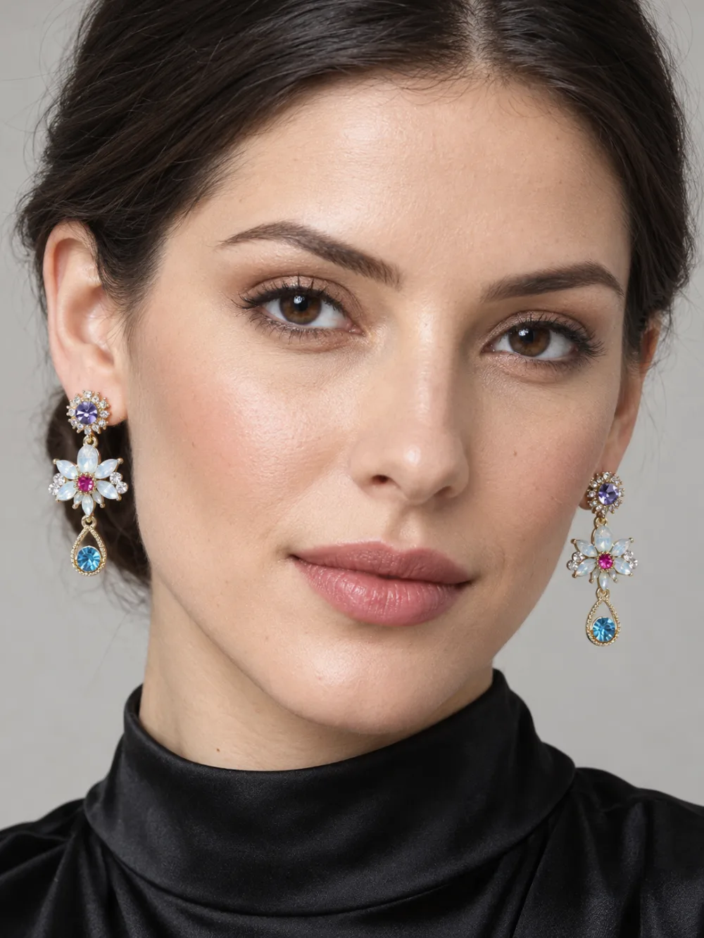 Beautiful Korean Crystal Shiny Glossy Flower Drop Earrings Multicolour