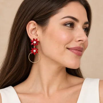 Red Floral Crystal Drop Hoop Earrings for Women & Girls