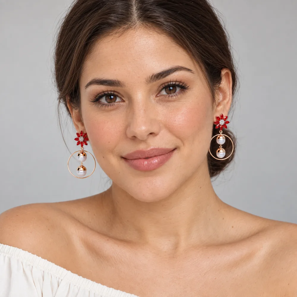 Red Floral Crystal Pearl Drop Hoop Earrings for Women & Girls