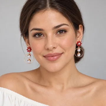 Red Floral Crystal Pearl Drop Hoop Earrings for Women & Girls