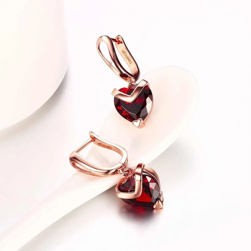 Copper Crystal Red Heart Shaped Ruby Stud Korean Drop Earring For Girl