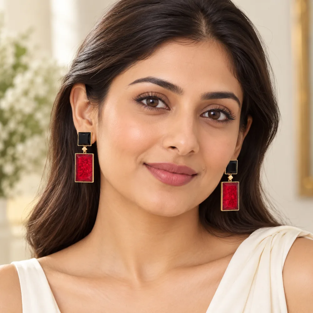 Trendy Shiny Geometrical Shaped Crystal Tantalizing Drop Earrings for Girls and Women Red Black