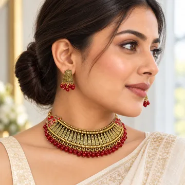 Latest Traditional Gold Plated Alloy Necklace Set for Girls and Women