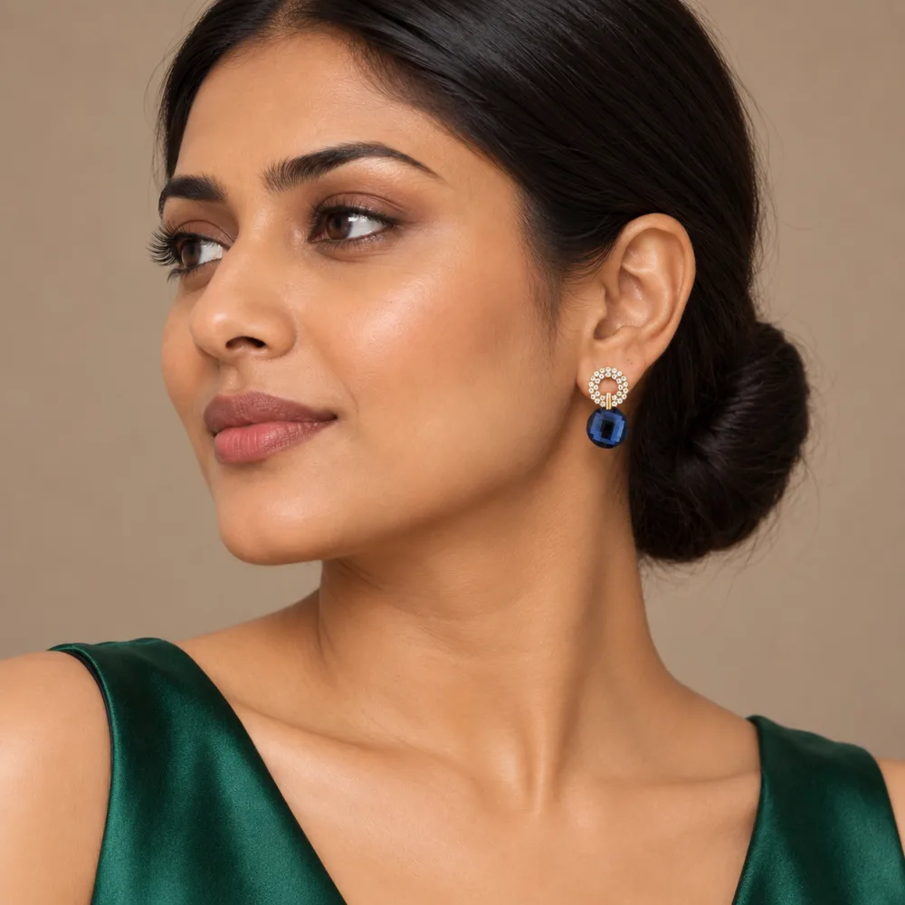 Gold-Tone Crystal Halo Navy Blue Drop Earrings for Women & Girls