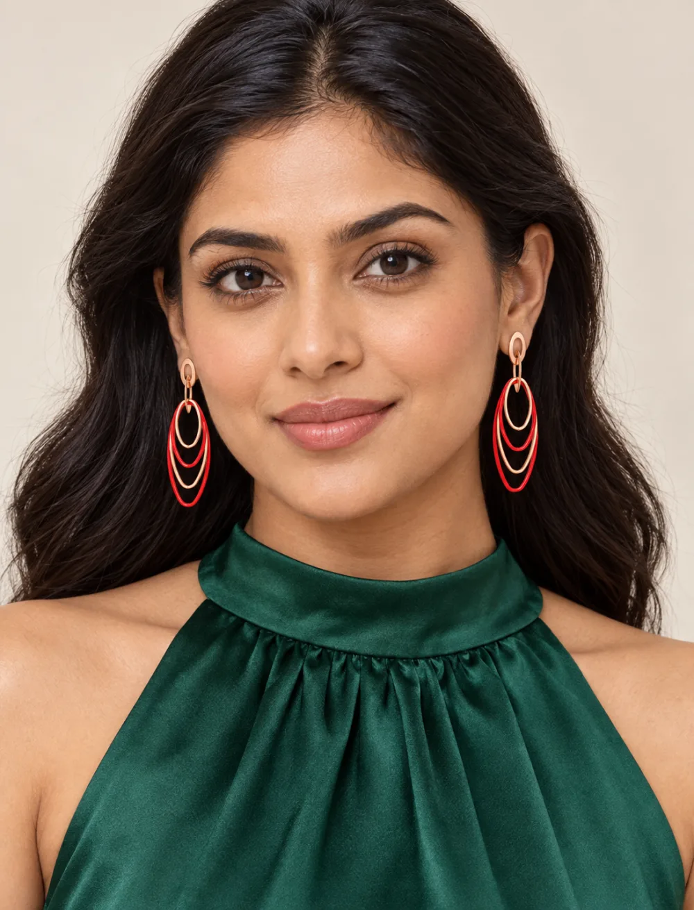 Shiny Korean Gold and Red Oval Hoops Hanging Earrings Red Golden