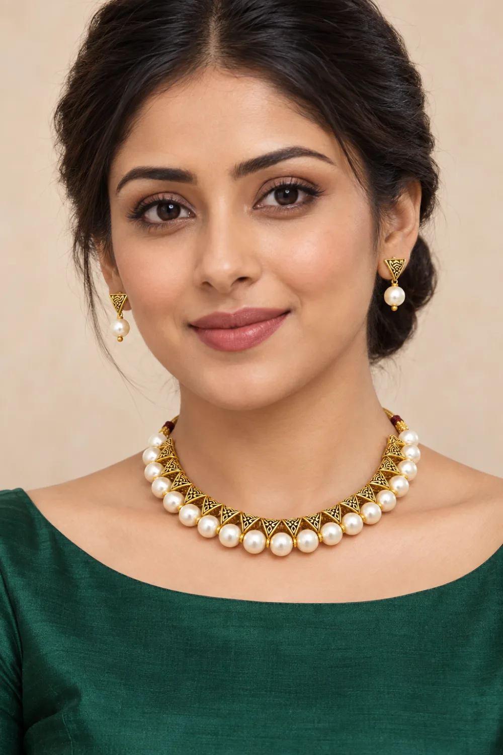 Beautiful Beaded Brass Artificial Necklace set White