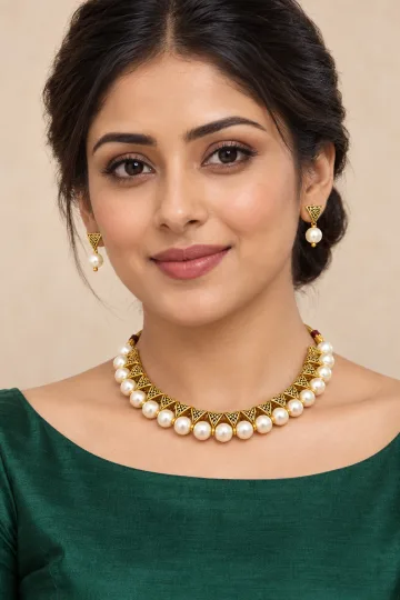 Beautiful Beaded Brass Artificial Necklace set White