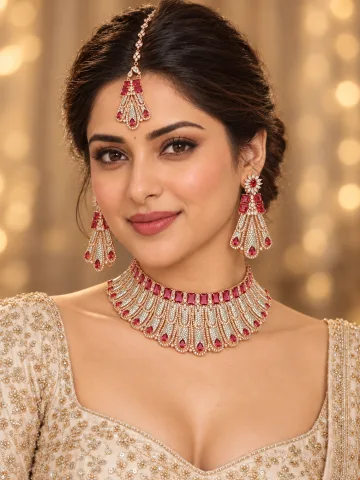 Rose Gold Tone Bridal Necklace Set with Earrings & Maang Tikka