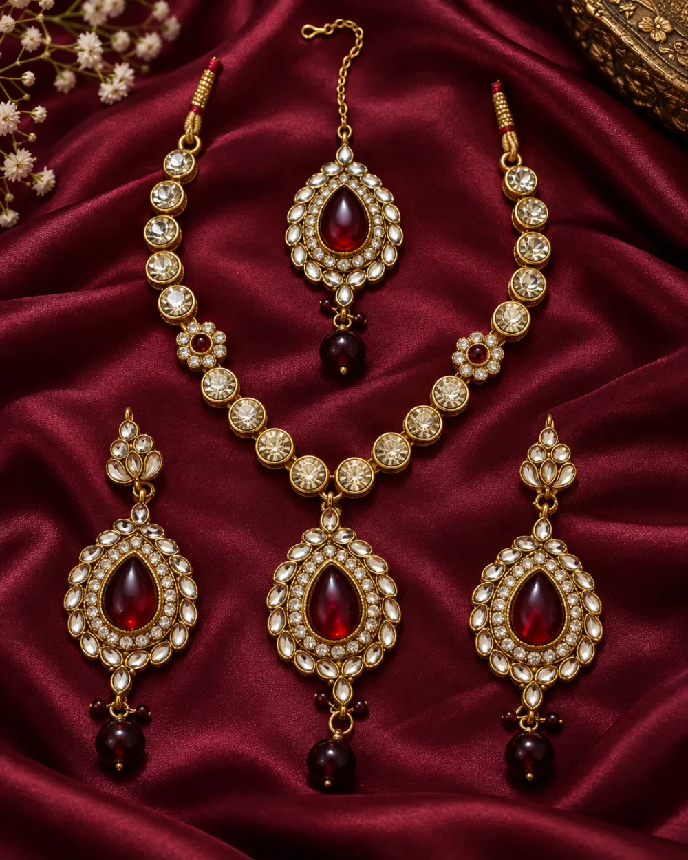 Gold-Tone Ruby Red Kundan Bridal Necklace Set with Maang Tikka for Women