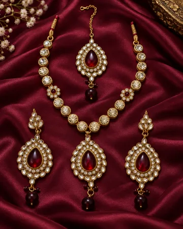 Gold-Tone Ruby Red Kundan Bridal Necklace Set with Maang Tikka for Women