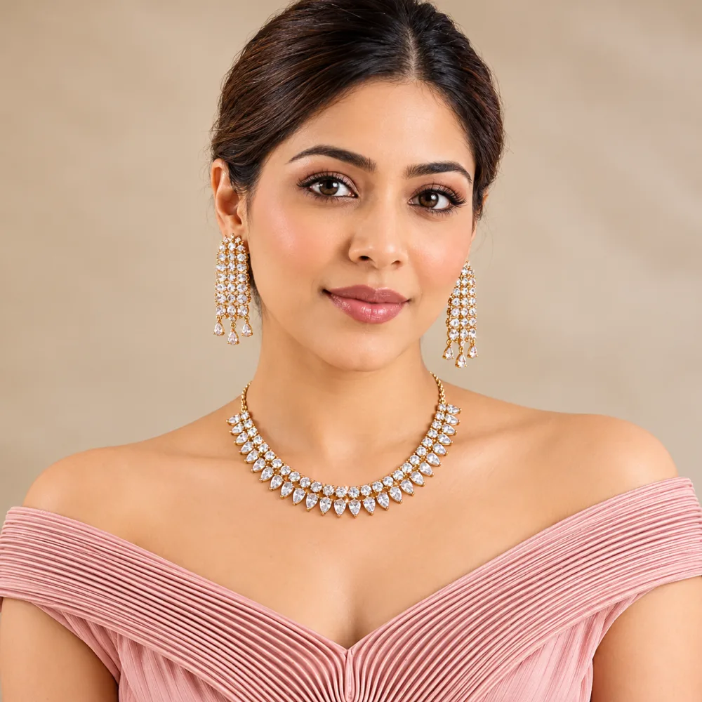 Gold Tone Teardrop Crystal Necklace Set with Matching Earrings