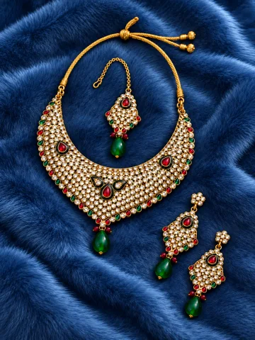 Red Green Stone Necklace Set with Earrings & Maang Tikka