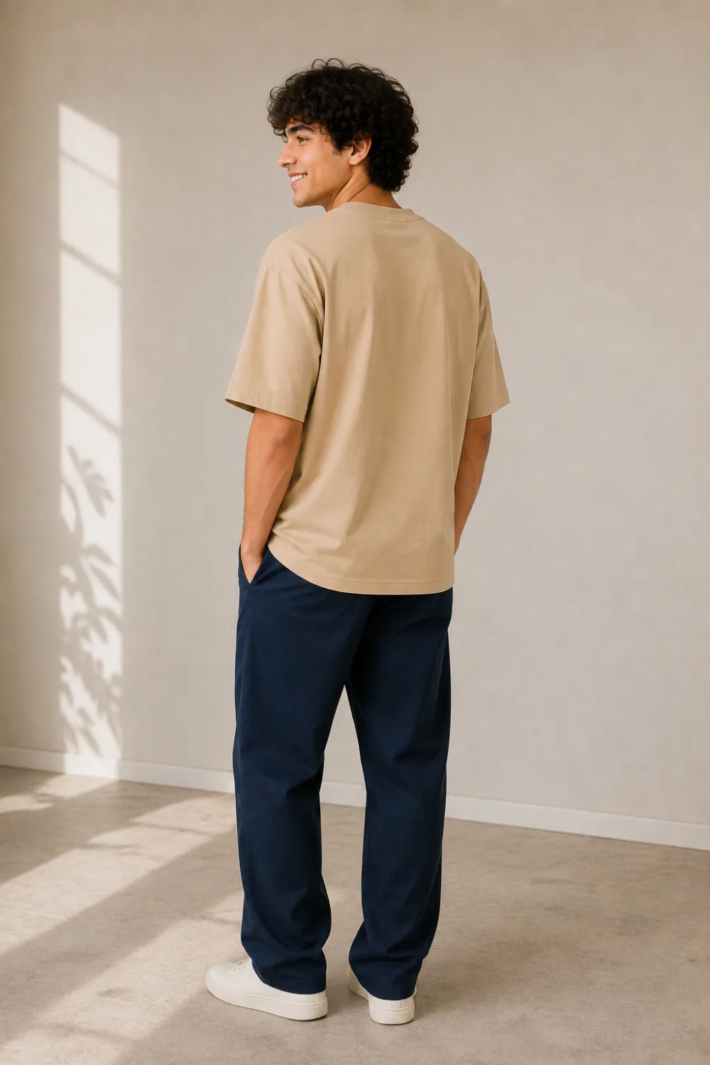 Plain Oversized T Shirt for Men Baggy Cotton Gym Tee Loose Fit - BEIGE