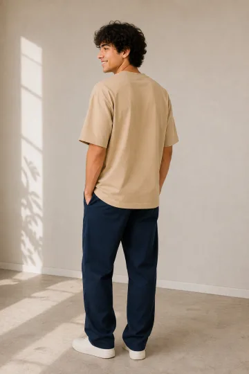 Plain Oversized T Shirt for Men Baggy Cotton Gym Tee Loose Fit - BEIGE