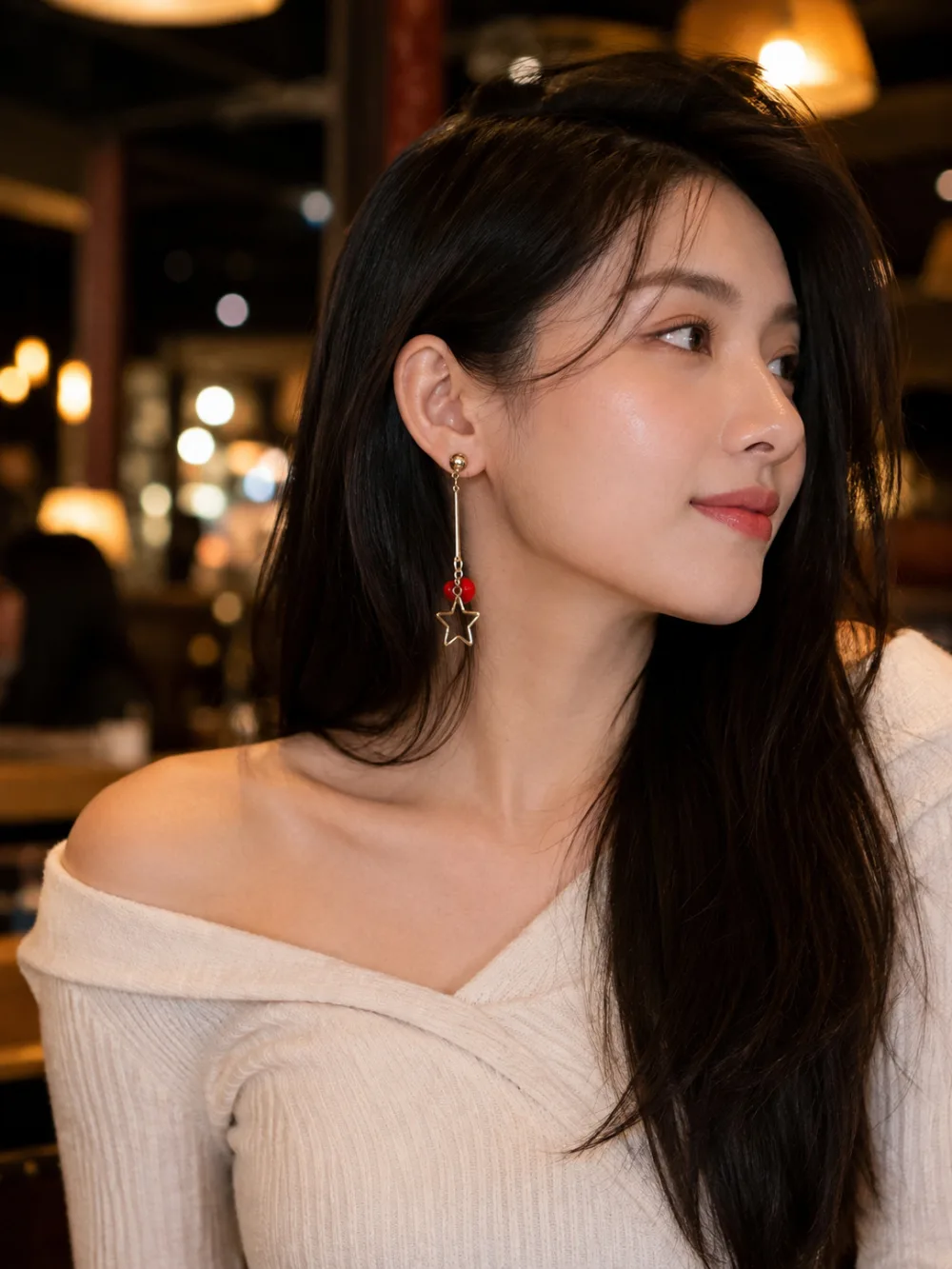 Exclusive Star Tassel and Red Ball Hanging Earring Golden Red For Girl