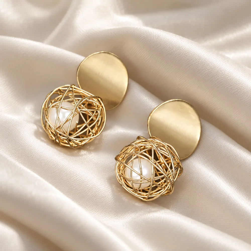 Beautiful Golden Brass and Pearl net ball Drop Earring For Girls