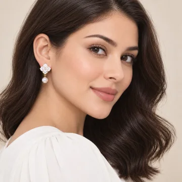 Scintillating Korean Floral Earring with Pearl Hanging for Girls White