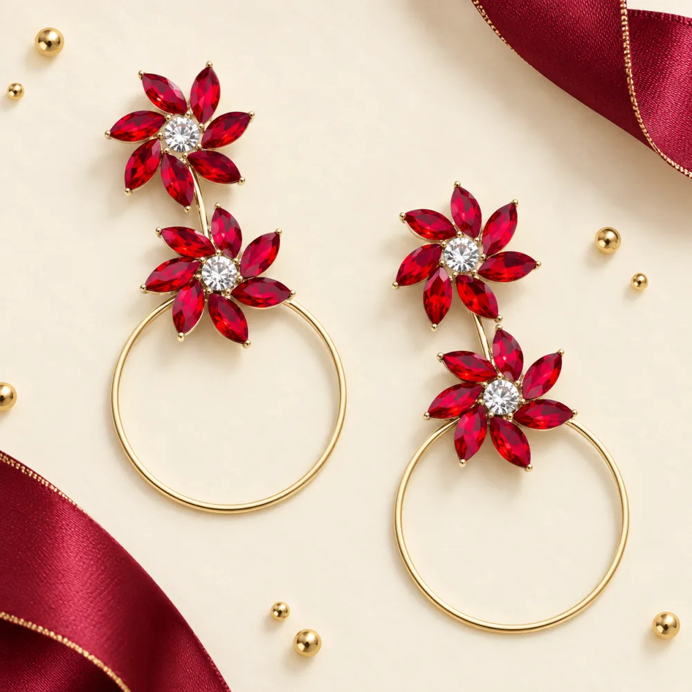 Red Floral Crystal Drop Hoop Earrings for Women & Girls