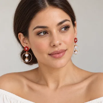 Red Floral Crystal Pearl Drop Hoop Earrings for Women & Girls