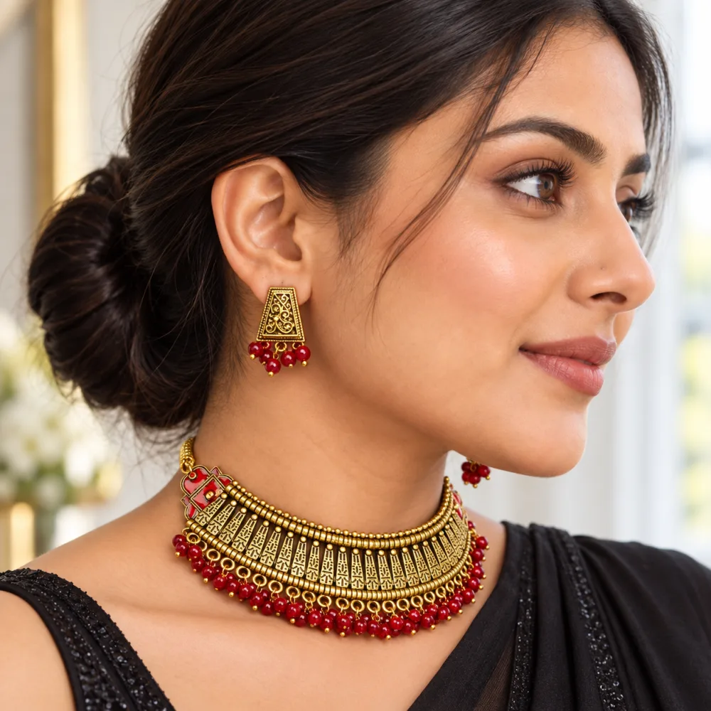 Latest Traditional Gold Plated Alloy Necklace Set for Girls and Women