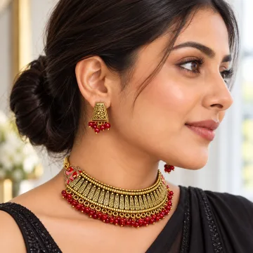 Latest Traditional Gold Plated Alloy Necklace Set for Girls and Women