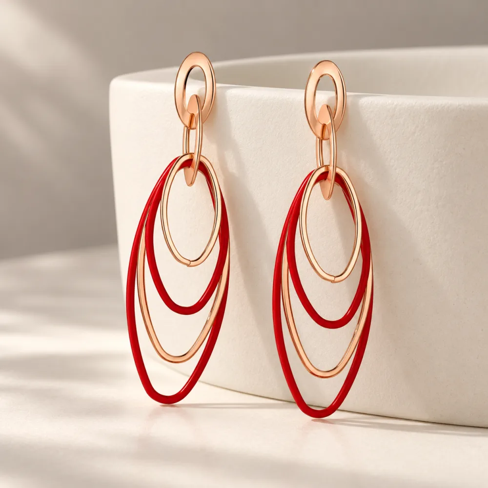 Shiny Korean Gold and Red Oval Hoops Hanging Earrings Red Golden