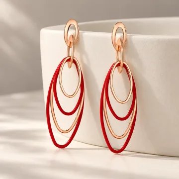 Shiny Korean Gold and Red Oval Hoops Hanging Earrings Red Golden