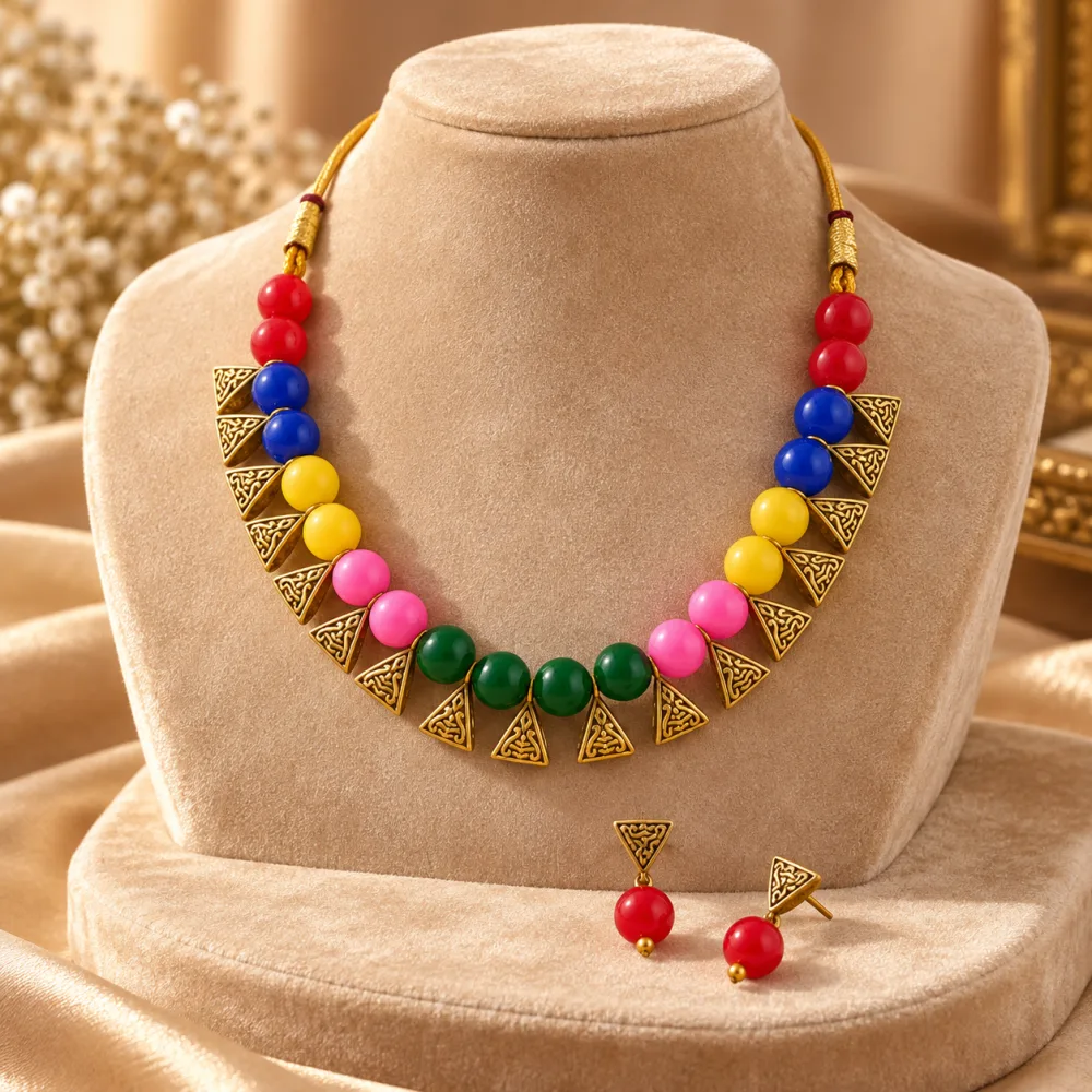 Beautiful Beaded Exclusive Brass Necklace Set for Women Multicolor