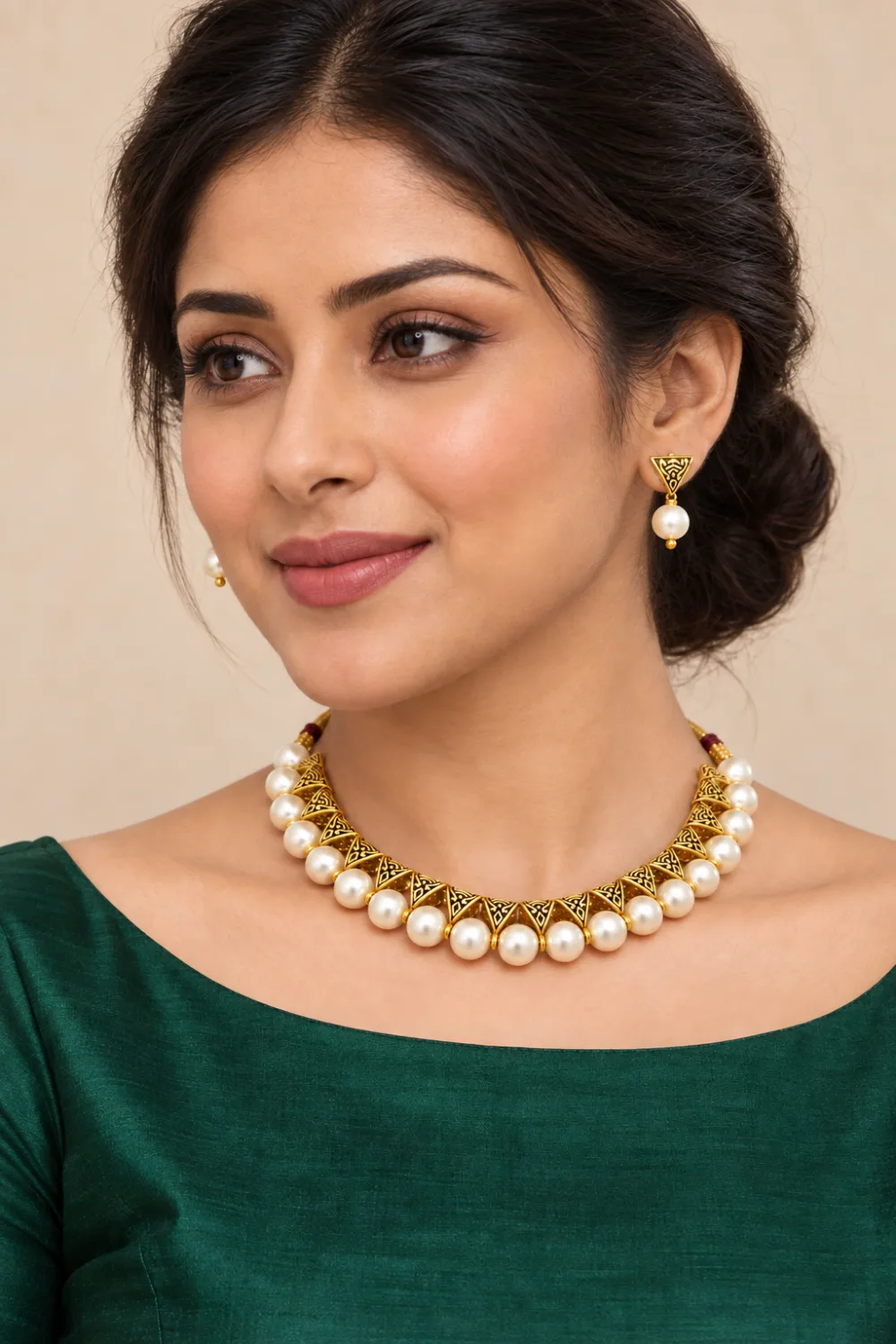 Beautiful Beaded Brass Artificial Necklace set White