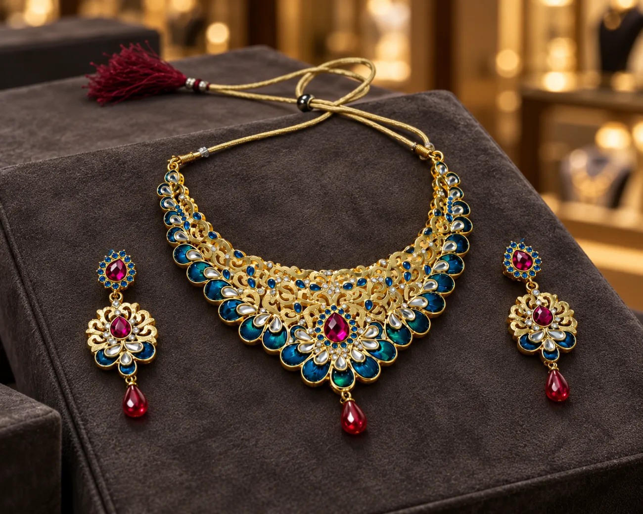 Derben Clove Gold-Toned Teal Blue & Pink Stone Necklace and Earring Set for Women
