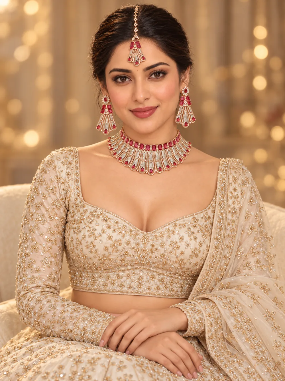 Rose Gold Tone Bridal Necklace Set with Earrings & Maang Tikka