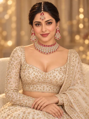 Rose Gold Tone Bridal Necklace Set with Earrings & Maang Tikka