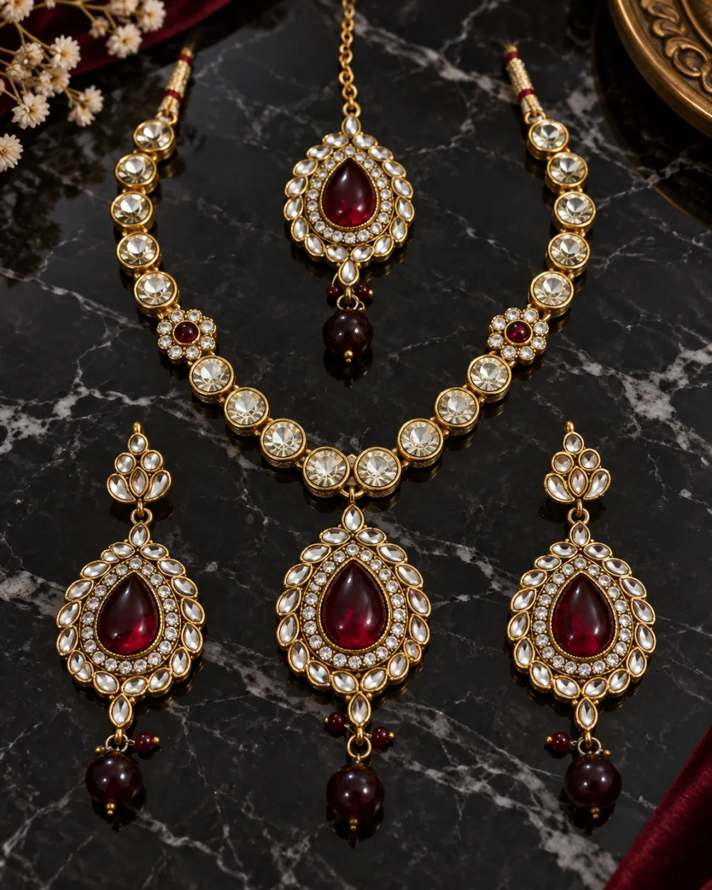 Gold-Tone Ruby Red Kundan Bridal Necklace Set with Maang Tikka for Women