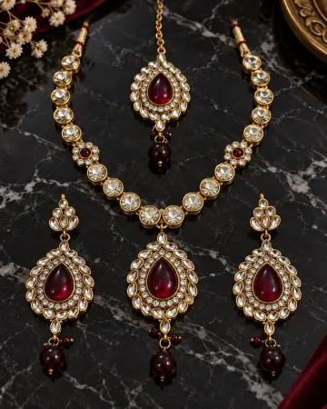 Gold-Tone Ruby Red Kundan Bridal Necklace Set with Maang Tikka for Women