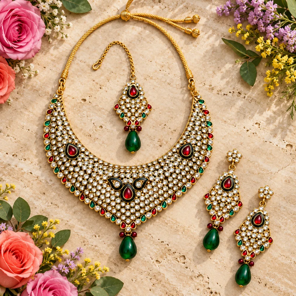 Red Green Stone Necklace Set with Earrings & Maang Tikka
