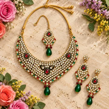 Red Green Stone Necklace Set with Earrings & Maang Tikka