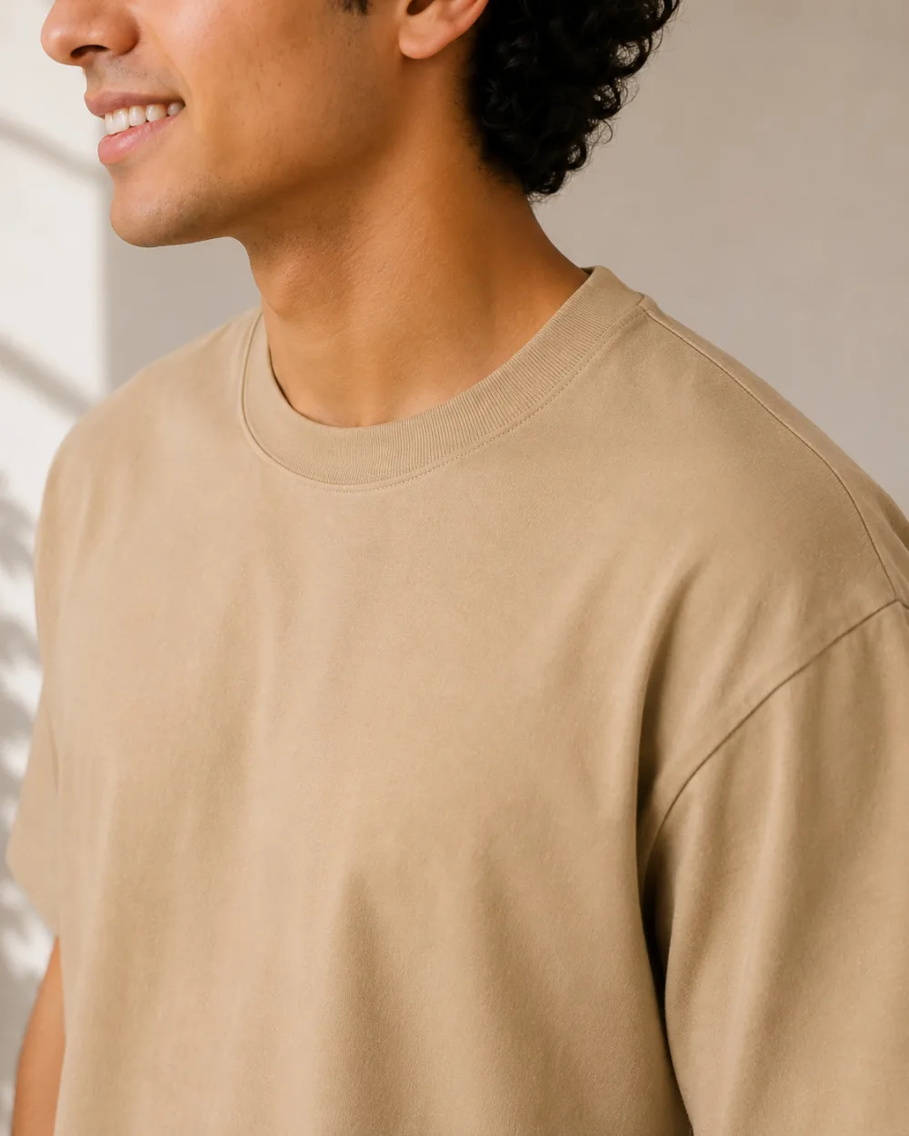 Plain Oversized T Shirt for Men Baggy Cotton Gym Tee Loose Fit - BEIGE