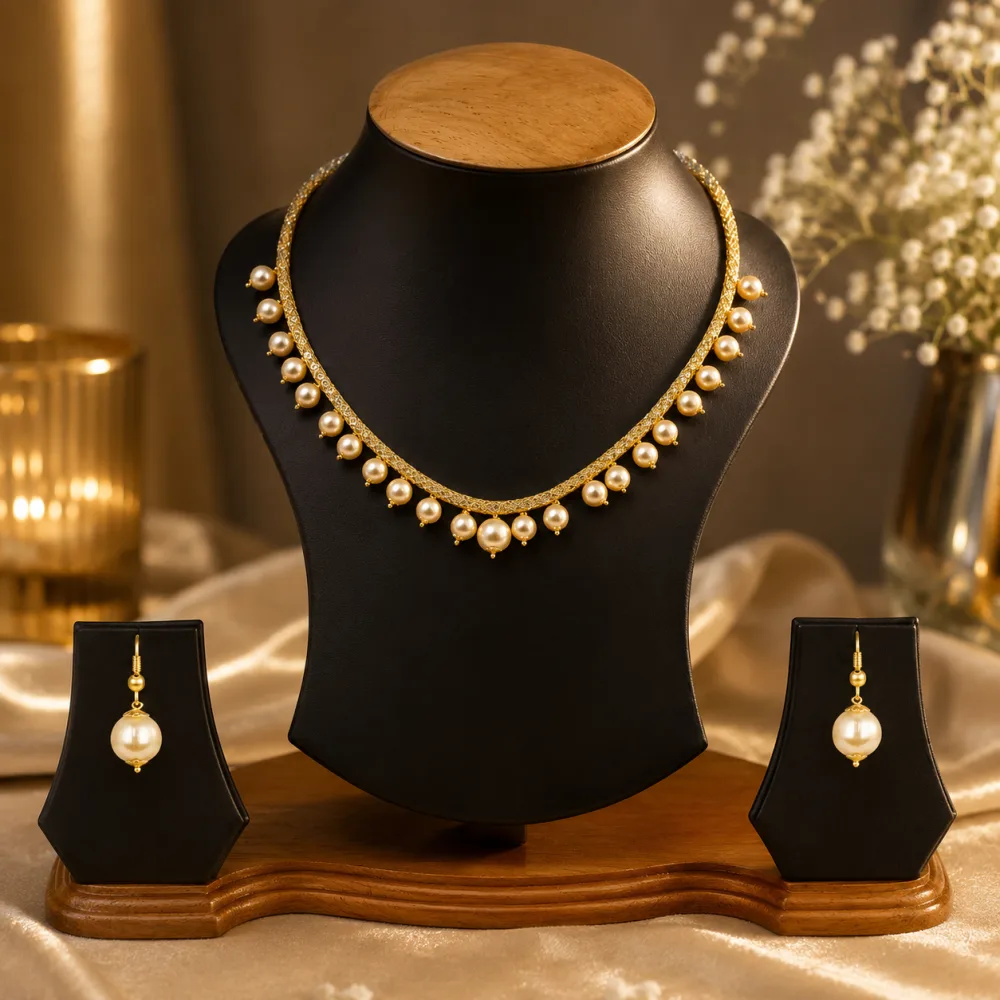 American Diamond Filled Chain and Pearls Necklace Set White