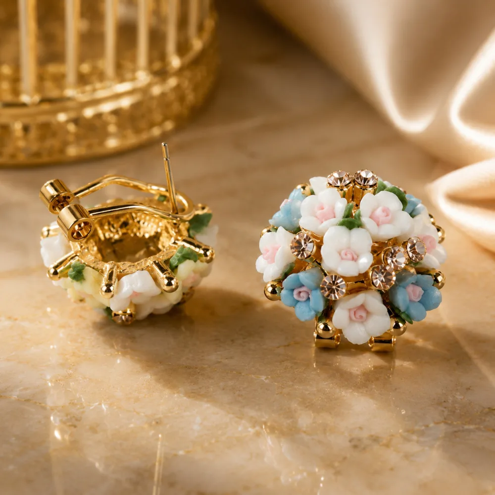 Cubic Zirconia Ceramic Floral Alloy Korean Earrings for Girls