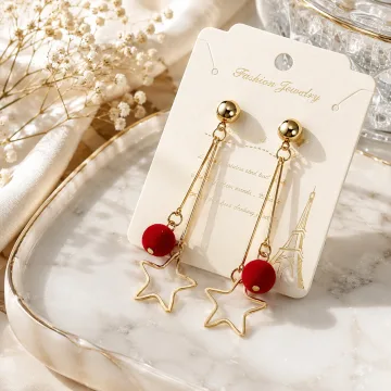 Exclusive Star Tassel and Red Ball Hanging Earring Golden Red For Girl