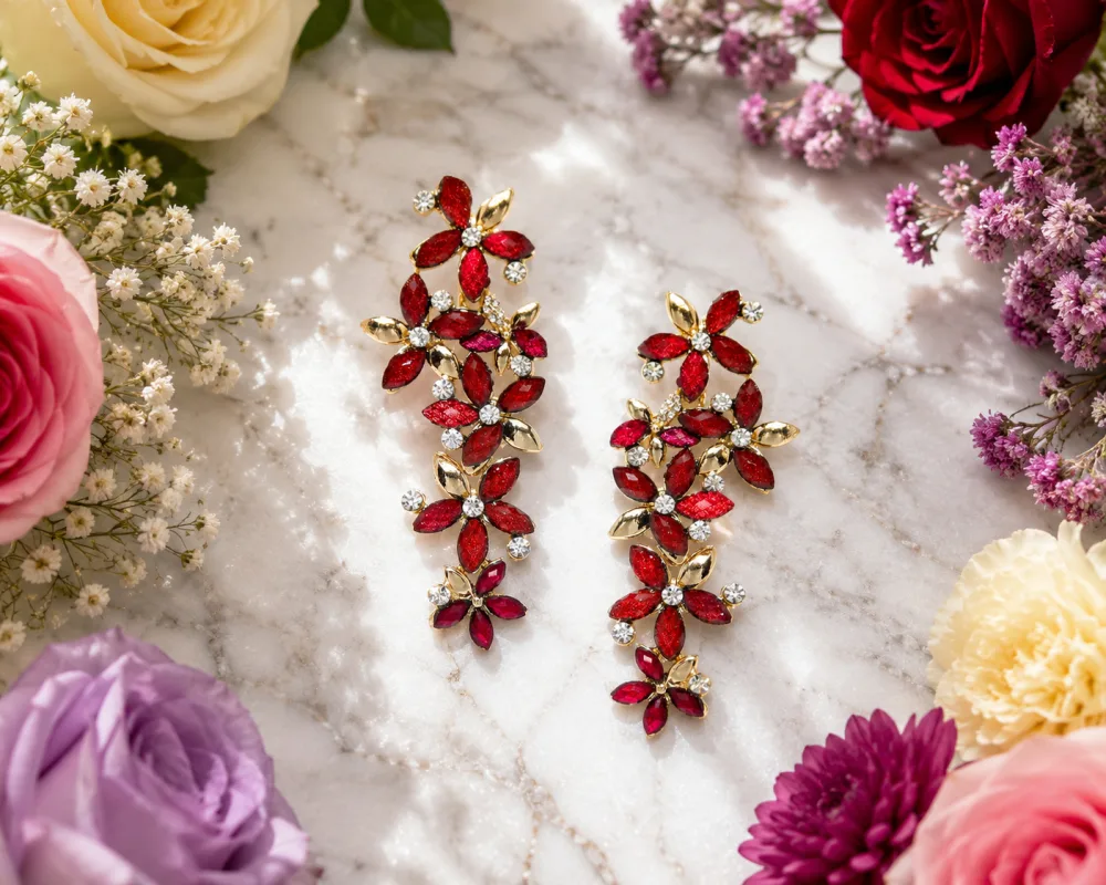Beautiful Italian Long Red Golden Crystal Stone Zircons Flower Earring